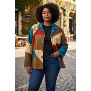 Koret Womens 28W Patchwork Faux Suede Jacket Multi Color Boho Embroidered